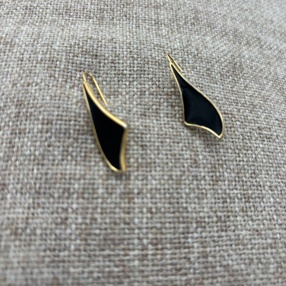 Vintage Monet Black Enamel Gold Geometric Dangle Earrings 1980s Signed Abstract